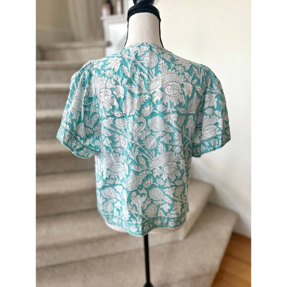 Marea Aqua Blue & White Floral Block Print Short Sleeve Tunic Top - Picture 2 of 6